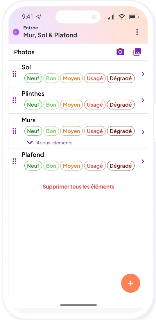 Capture d'écran de la notation rapide des éléments du logement avec le logiciel état des lieux de Livimmo