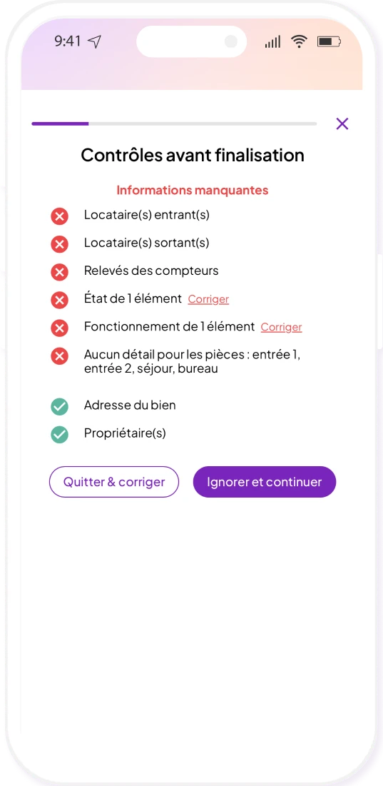 Capture d'écran du contrôle automatique des informations avec le logiciel état des lieux de Livimmo